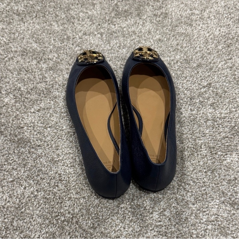 Tory Burch Dark Blue Flats with Gold Emblem - Picture 2 of 3